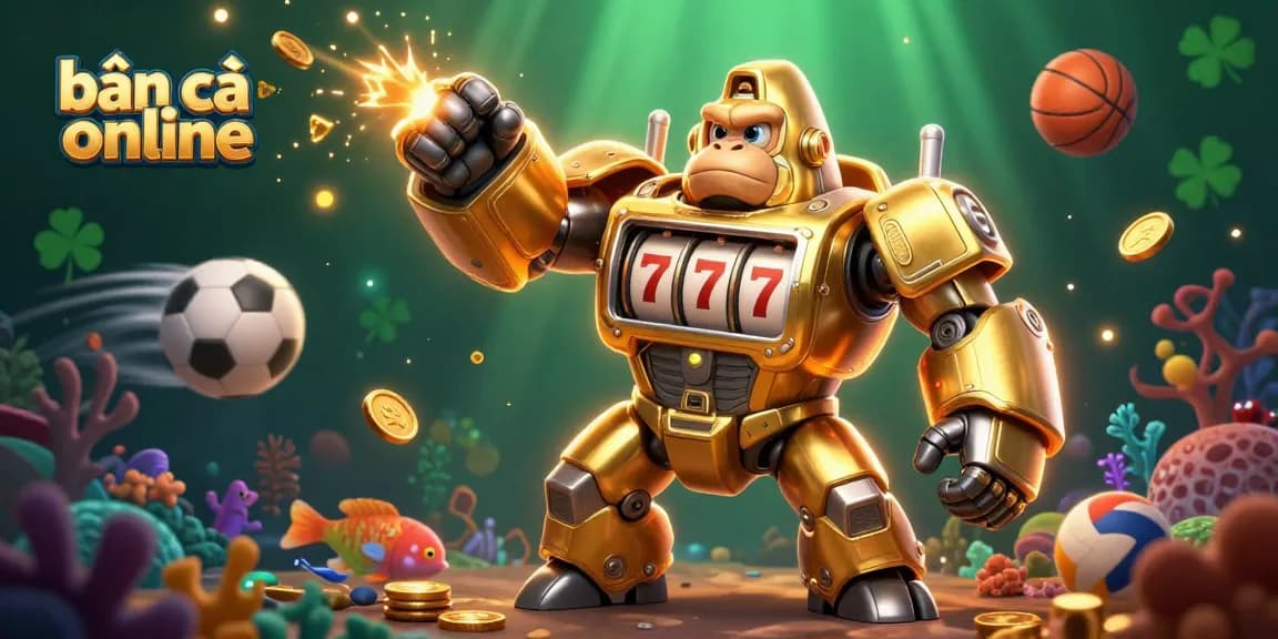 Bắn cá online entertainment in a vibrant underwater scene featuring a golden gorilla mech and dynamic sea creatures.
