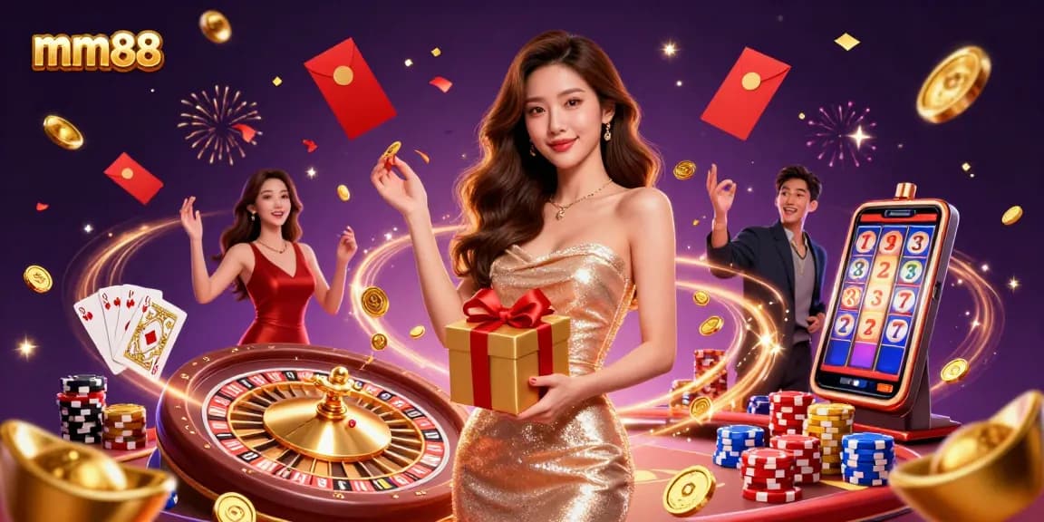 Experience the thrill of mm88 casino with a glamorous celebration scene featuring rich gaming elements and festive vibes.