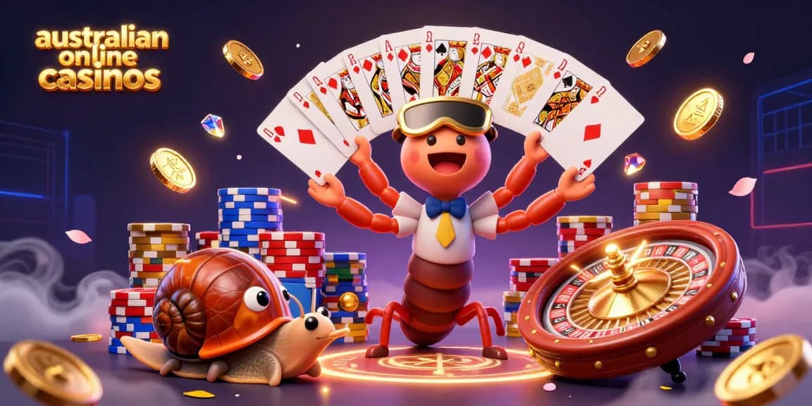 Experience the excitement of australian online casinos with a vibrant 3D scene of a dealer and high-roller.