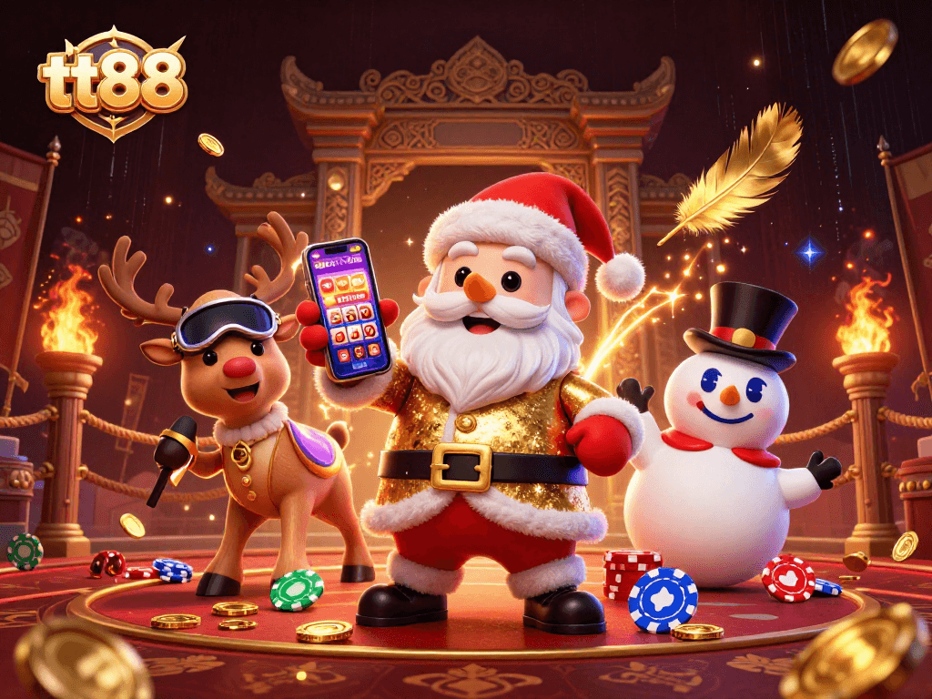 Win big at tt88 with our lively illustration of a casino scene featuring a festive Santa and his companions!