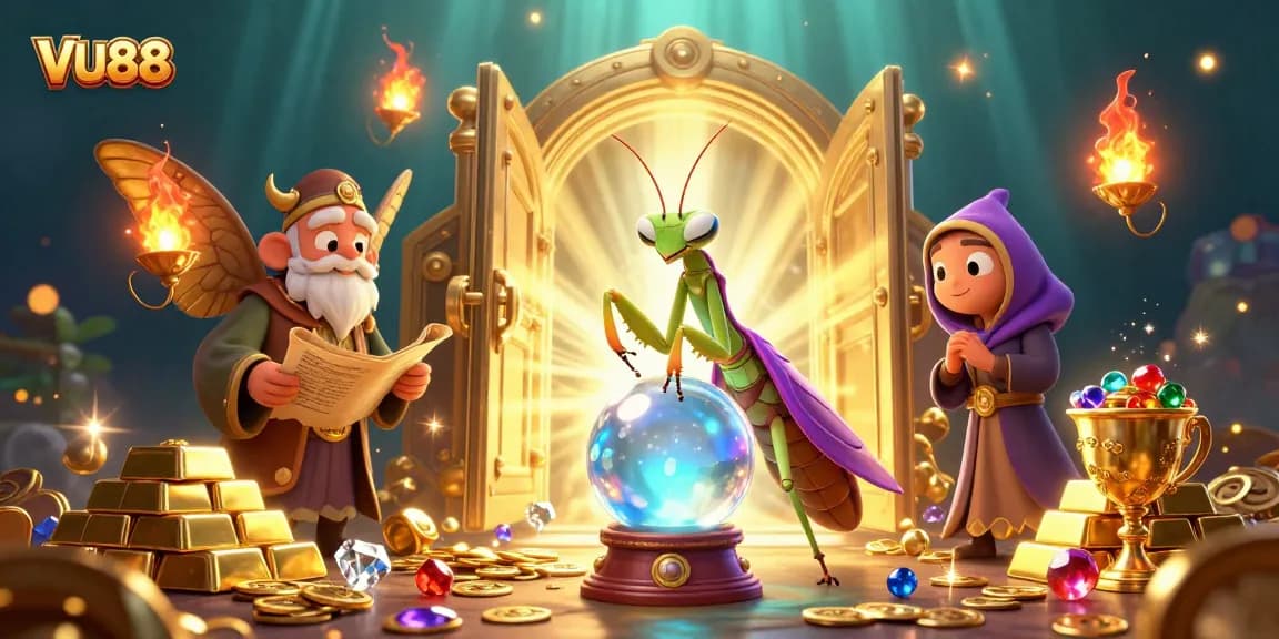Engage in exciting games at VU88 with a mystical scene illustrating fortune telling and treasure.