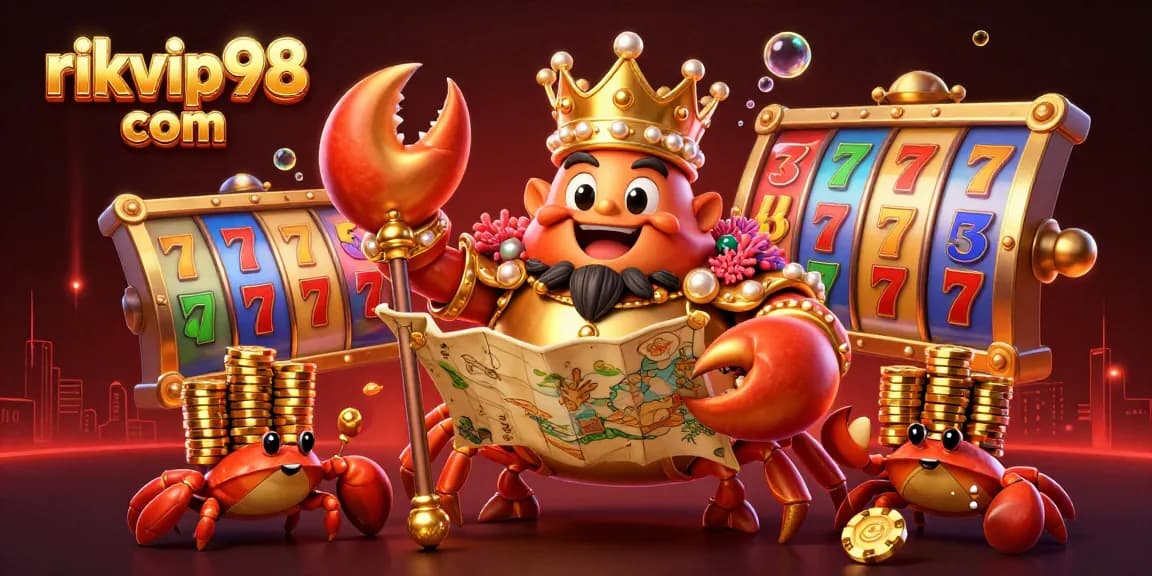 Spin to win at rikvip98 com, where a golden crab emperor leads the treasure hunt in a vibrant casino atmosphere.