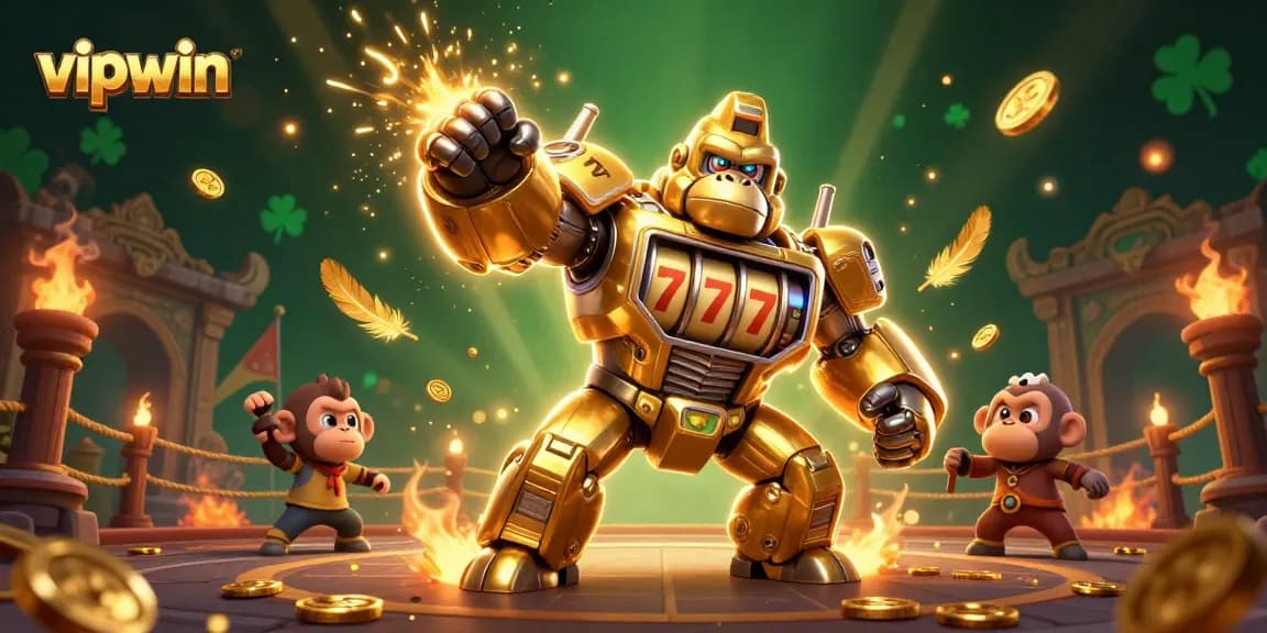 Experience the excitement of vipwin with a dynamic 3D scene featuring a golden gorilla mech and casino elements.