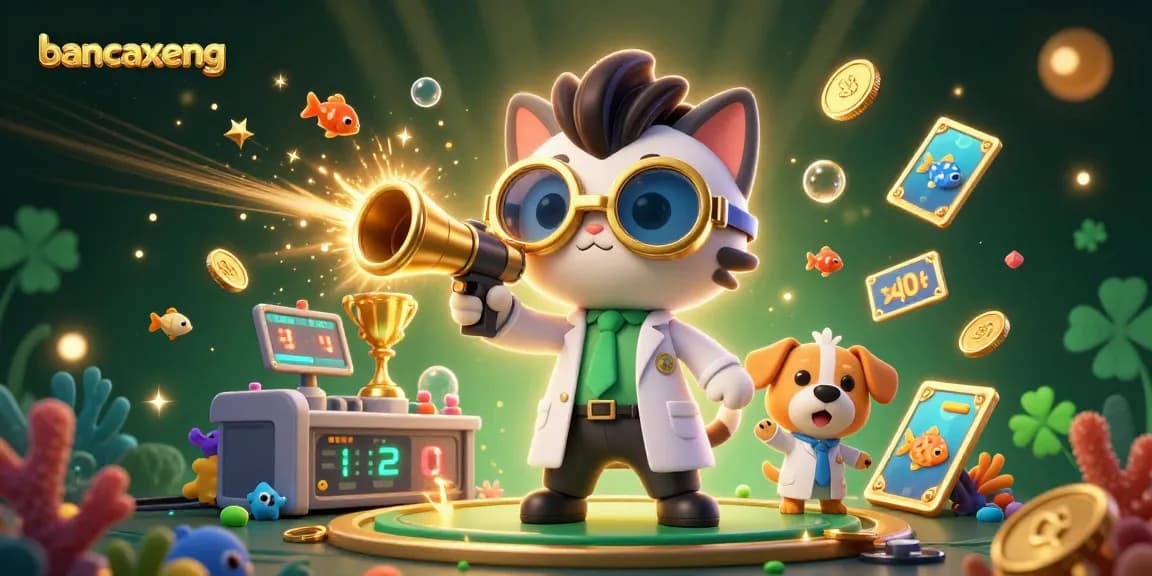 Bancaxeng game features an energetic scene with a mad scientist cat and dog creating a fish shooting cannon under the sea.
