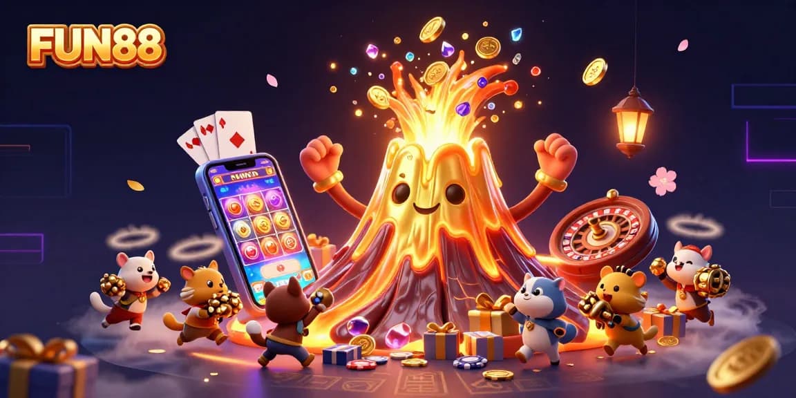 Experience FUN88's triumph with a vibrant eruption of coins and treasures in this dynamic casino illustration.