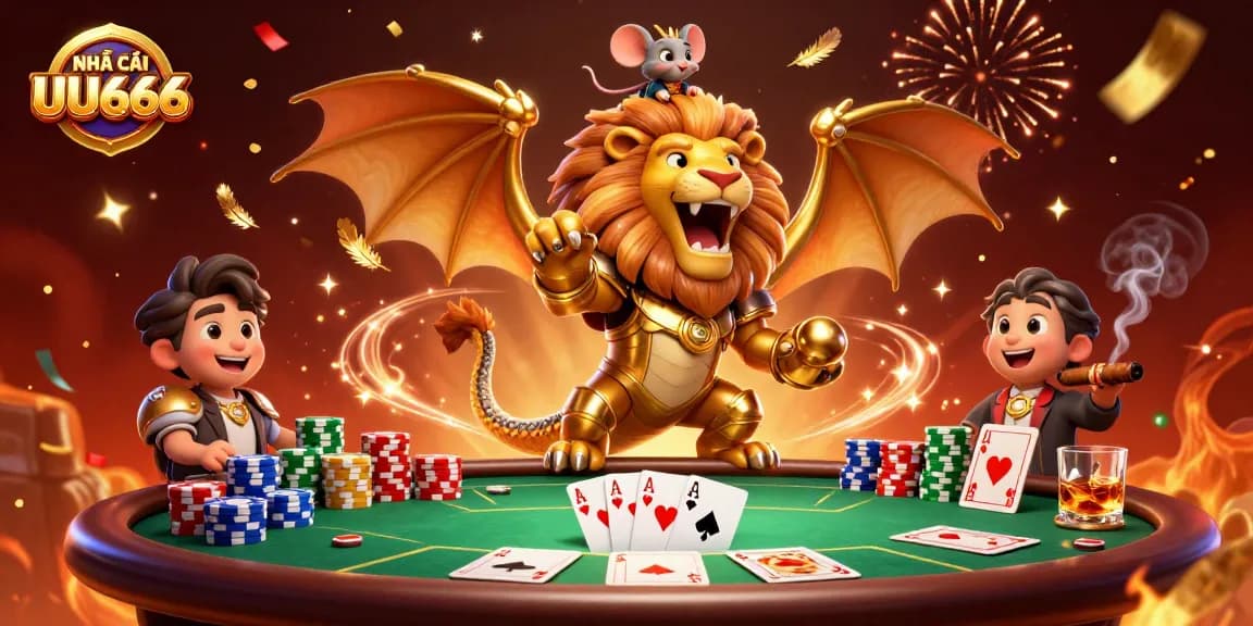 Engaging NHÀ CÁI UU666 illustration featuring a chimera creature amidst poker elements and celebration effects.