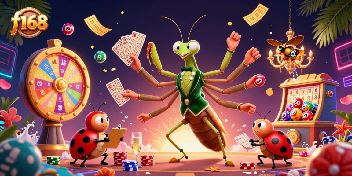 Experience thrilling moments at f168 with a vibrant scene of a card sharp, ladybug pit boss, and dynamic gambling elements.