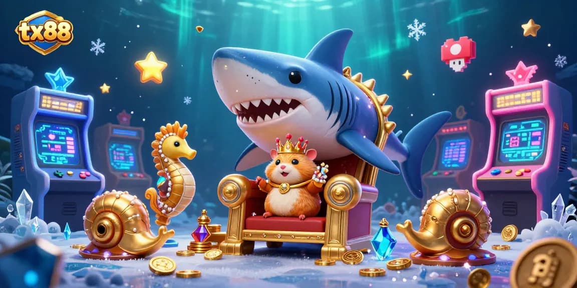 Experience the vibrant world of tx88 with a cartoon shark throne and golden hamster king in this dynamic gambling illustration.