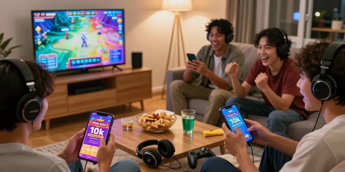 Excited players enjoying online slots while depositing via depo pulsa 10k tanpa potongan.