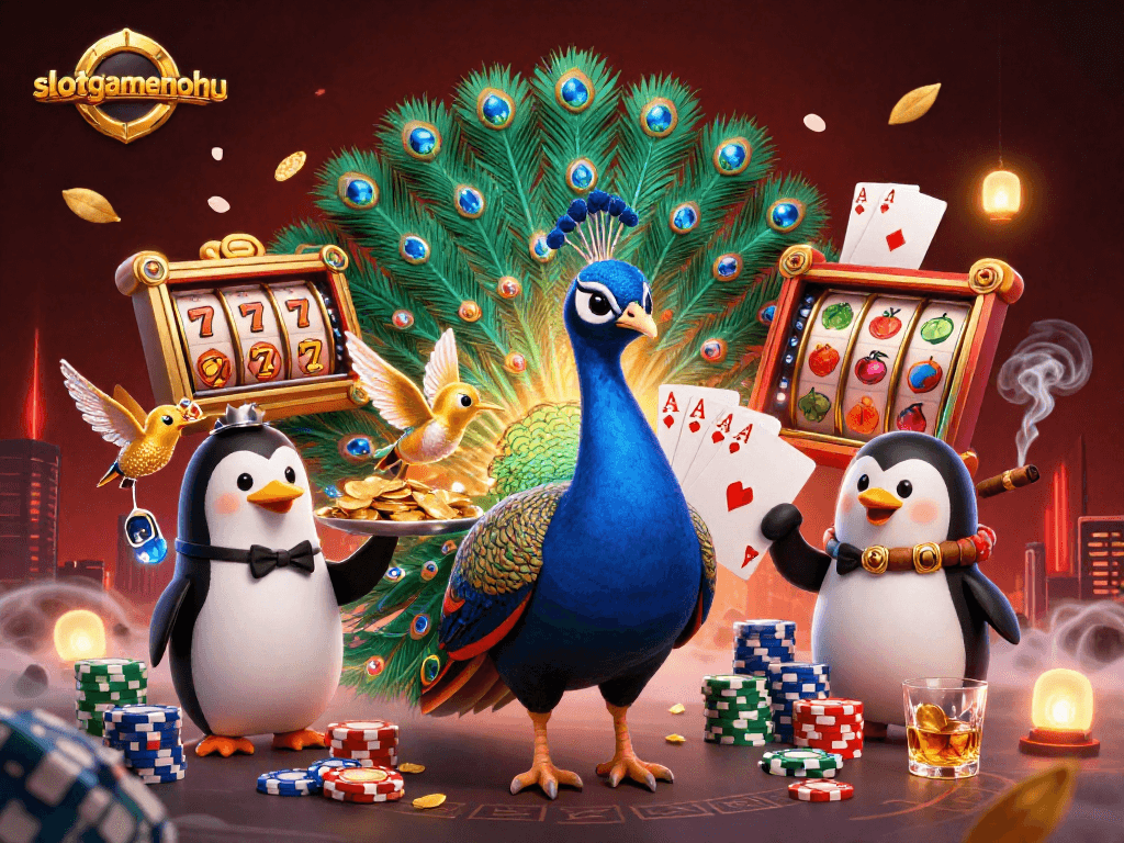 Engage in thrilling gameplay at slotgamenohu with captivating visuals of peacock and penguin.