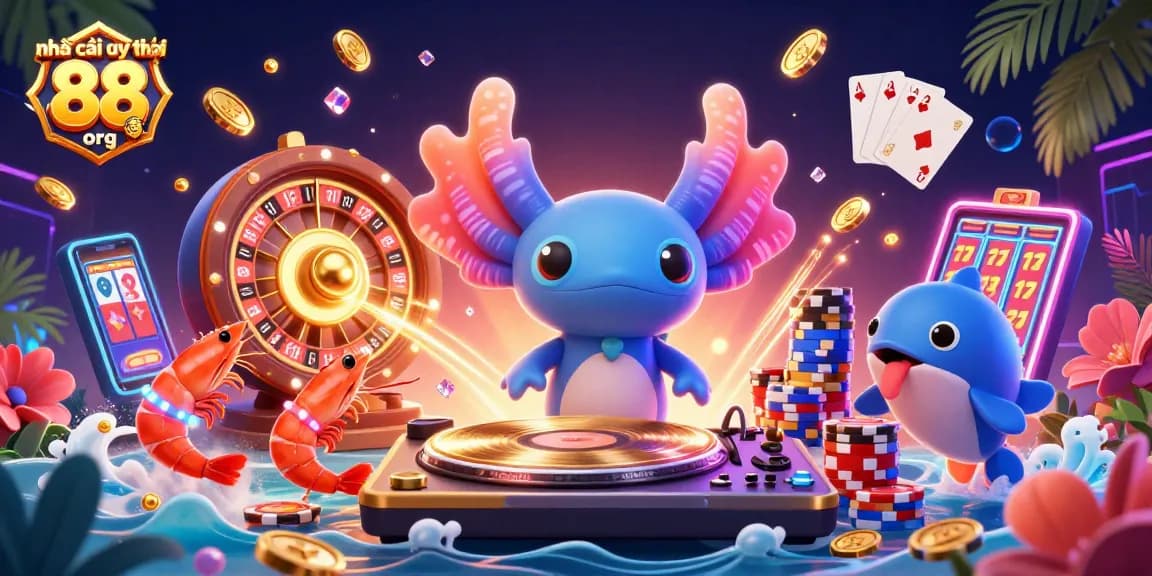 Experience the excitement of nhà cái uy tín 88 org with a vibrant casino illustration featuring a neon axolotl DJ.