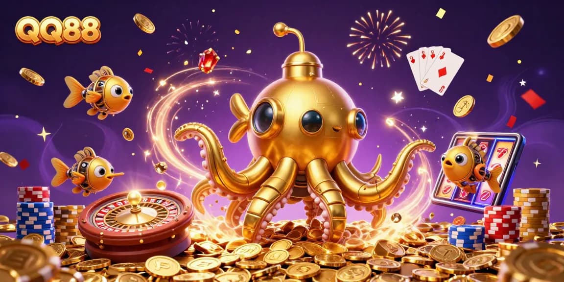 Experience exciting gaming at QQ88 with a dynamic scene of a golden kraken and casino elements showcasing the thrill of winning.