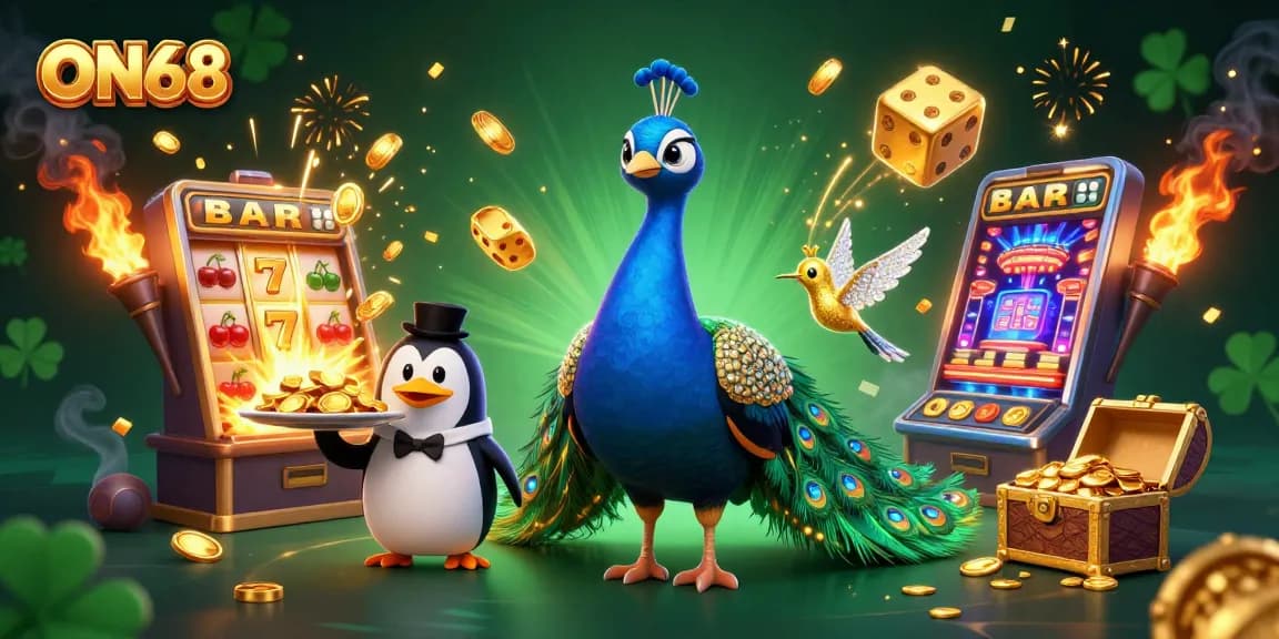 Experience thrilling gaming at ON68 with an illustration of vibrant casino characters and games.
