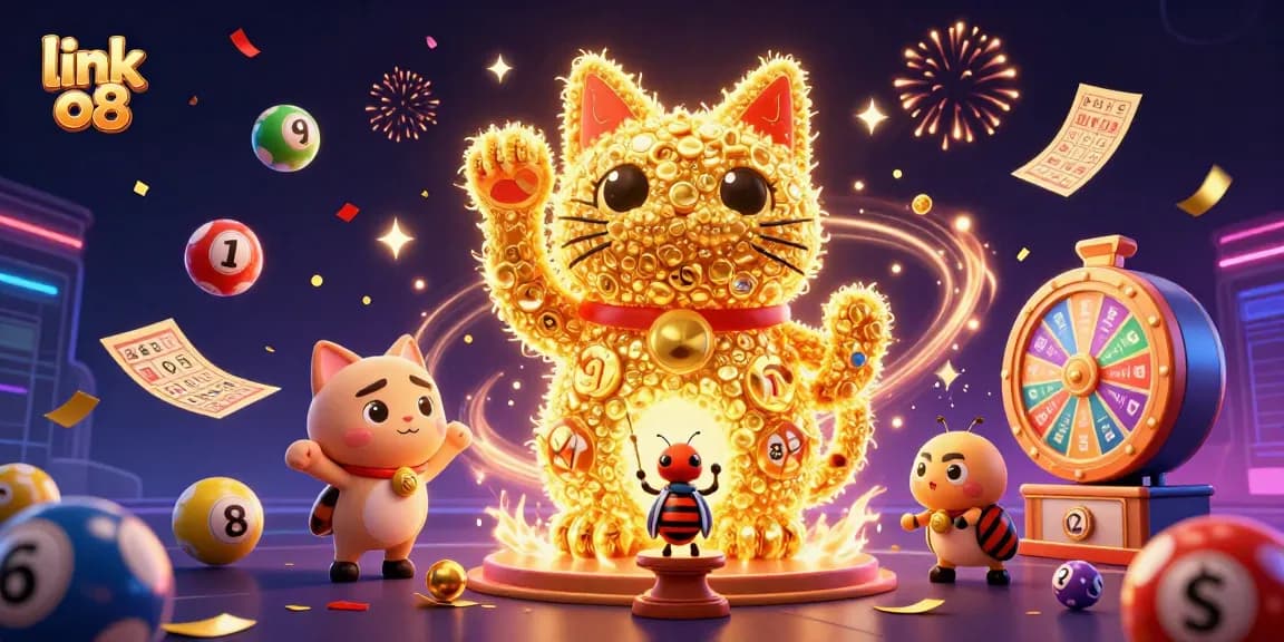 Engage with the vibrant scene of link o8's online casino featuring celebratory elements and a lucky cat motif.