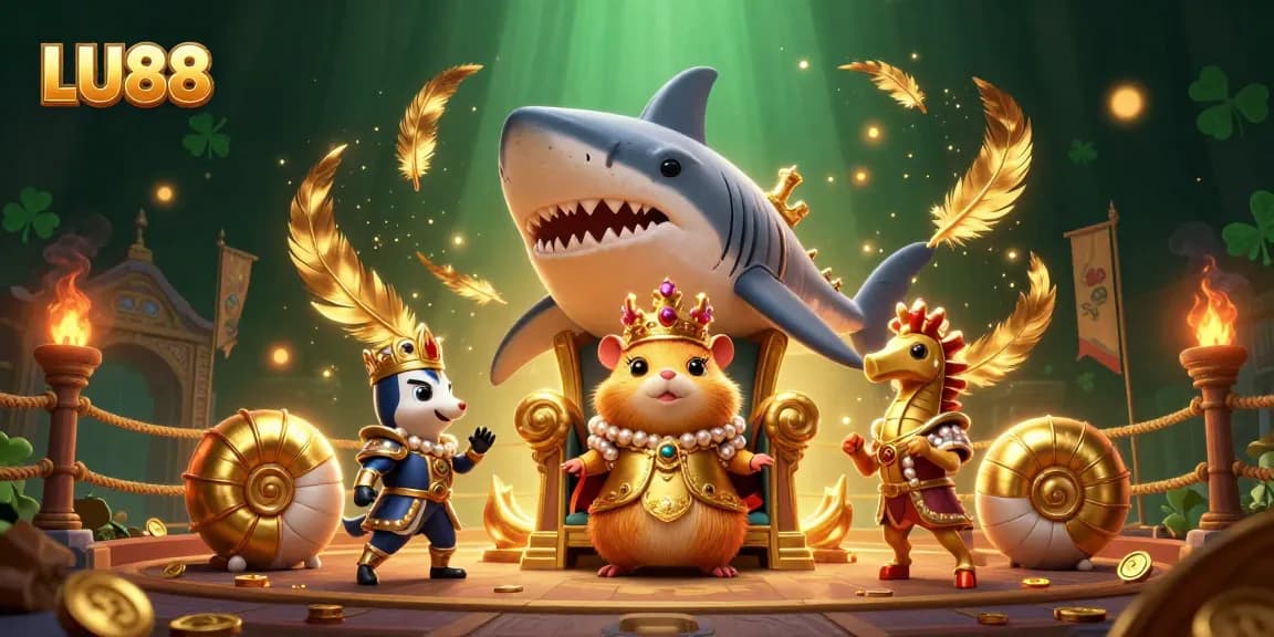 Spin the reels with LU88 at this vibrant casino-themed fantasy scene featuring a golden hamster king.