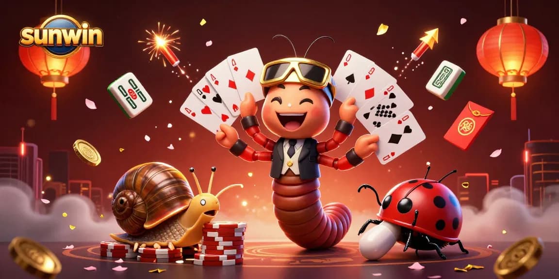 Experience sunwin's lively gaming with a casino dealer, snail high-roller, and excitement in vibrant colors.