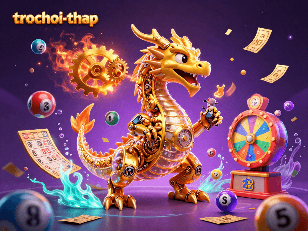 Experience the thrills of trochoi-thap with a vibrant 3D depiction of a golden dragon amidst colorful lottery elements.