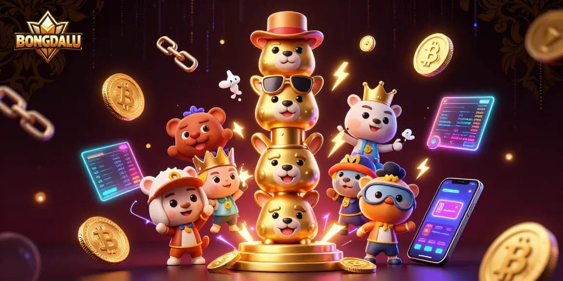 BONGDALU showcases an animated golden totem with casino elements, colorful coins, and crypto visuals.