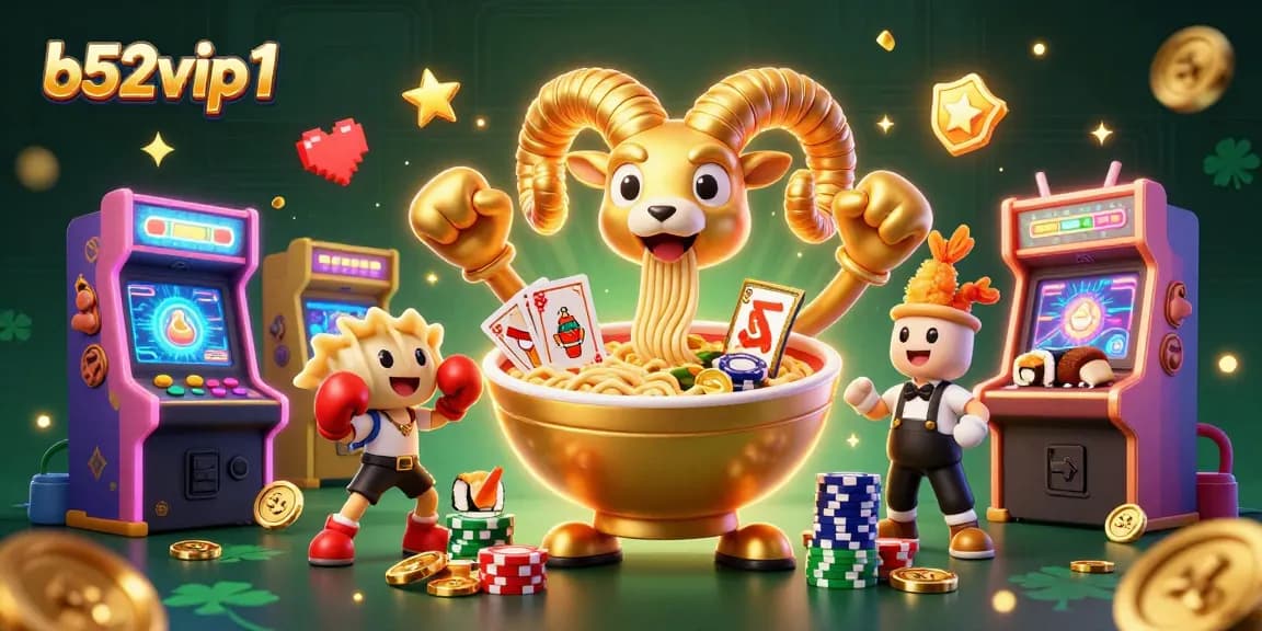 Engage in thrilling gaming action at b52vip1, featuring a 3D golden ramen bowl dealer surrounded by exciting casino elements.
