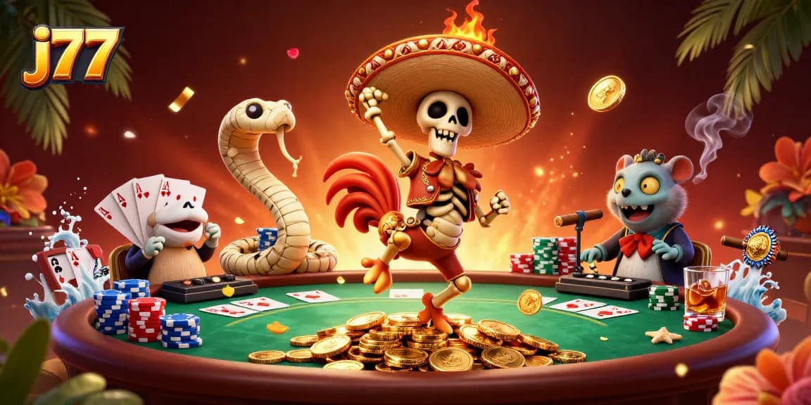 Experience thrilling gameplay at j77 as a skeleton mariachi rooster dances atop golden coins.