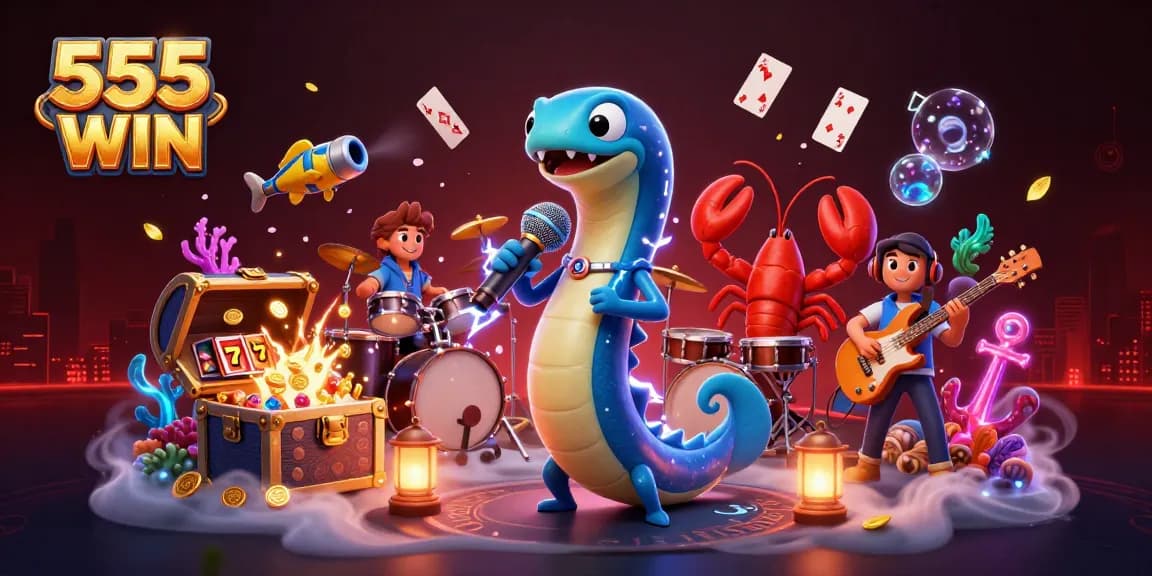 Spin the reels with 555 WIN amidst vibrant underwater casino visuals featuring dynamic characters