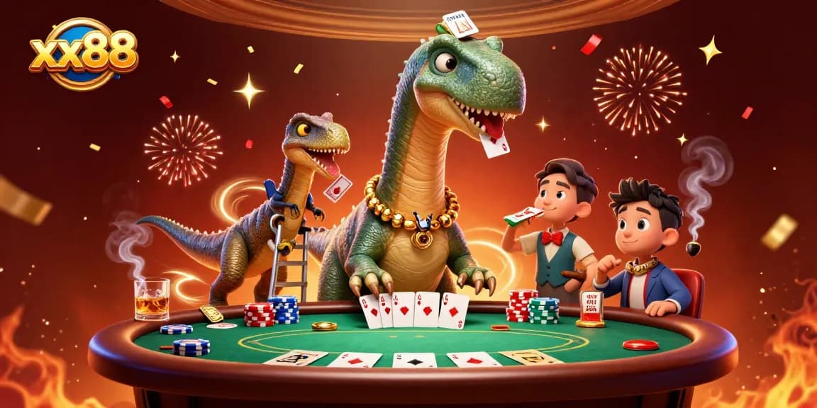 Engage in thrilling gameplay at xx88 with a whimsical 3D dinosaur poker scene.