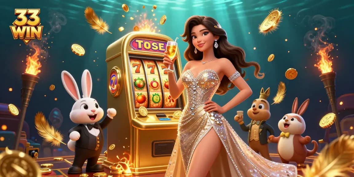 Experience the excitement of winning at 33 WIN with a glamorous casino scene featuring lavish jackpots.