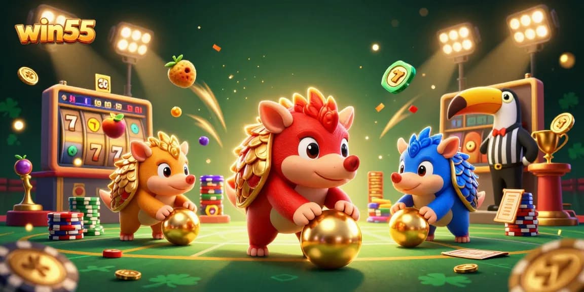 Win55 rivals compete in a casino showdown, rolling golden balls over poker chips in a vibrant, animated setting.