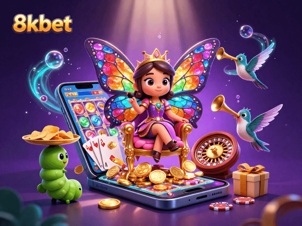 Engage with 8kbet in a vibrant 3D casino scene featuring games and characters.