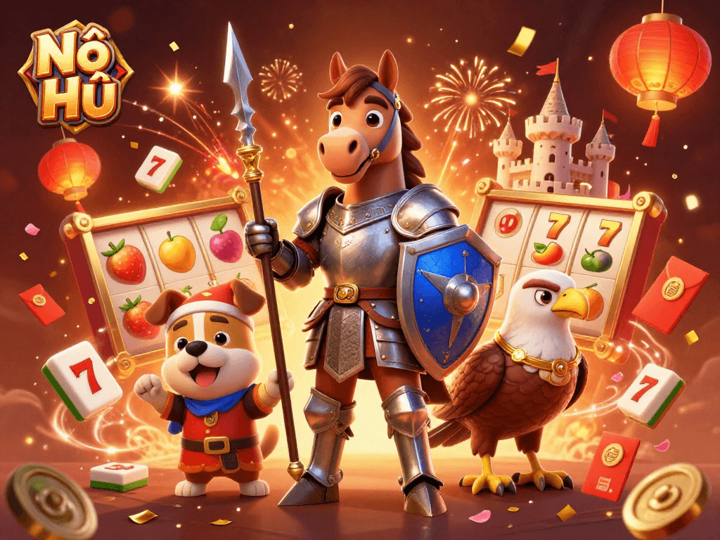 Nổ Hũ spins into action with an epic scene of knight, puppy, and falcon in a dynamic casino celebration.