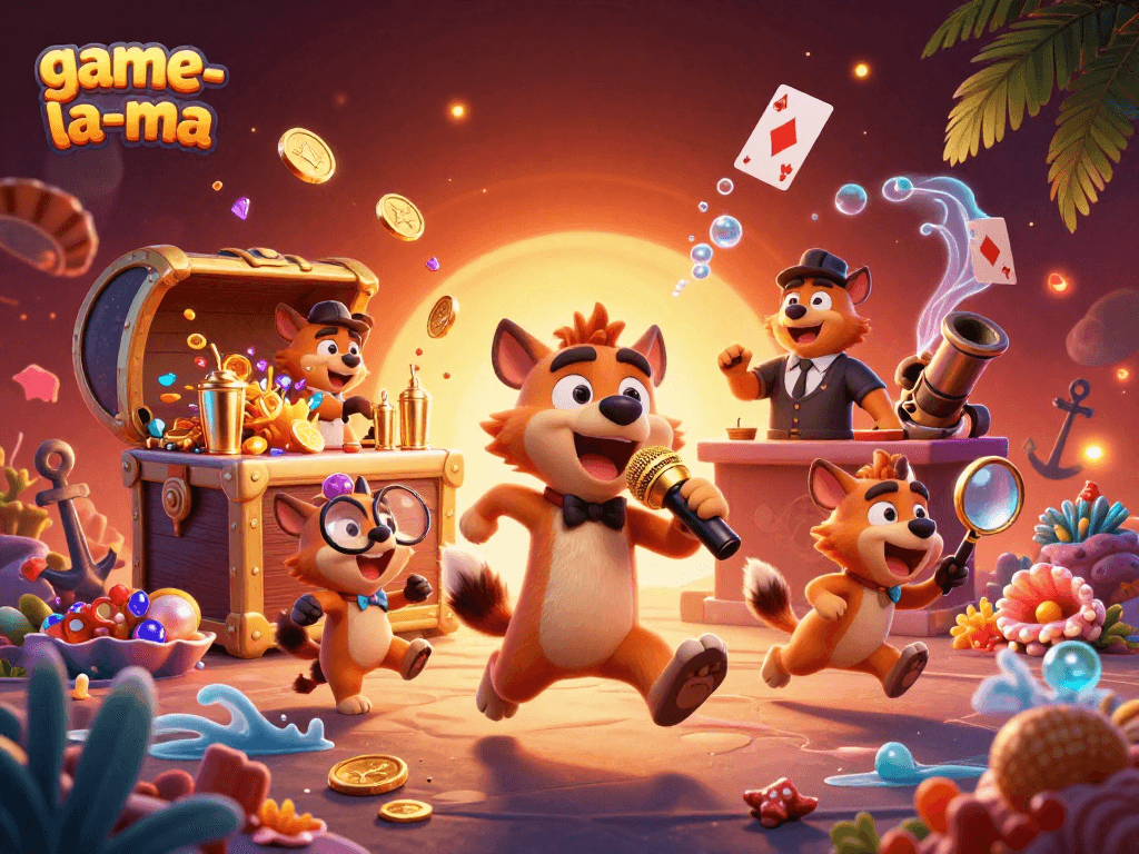 Engage with game-la-ma at the comedy casino, featuring lively hyena characters and vibrant treasures.