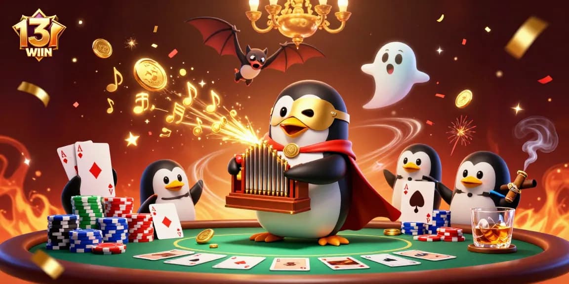 Engage with 13WIN's vibrant casino scene featuring a penguin organist and poker elements.