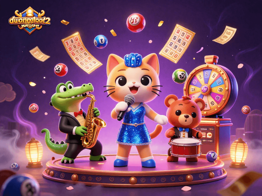 Engage with duongmatchuoc2's vibrant casino scene featuring a jazz-singer cat and lively characters.