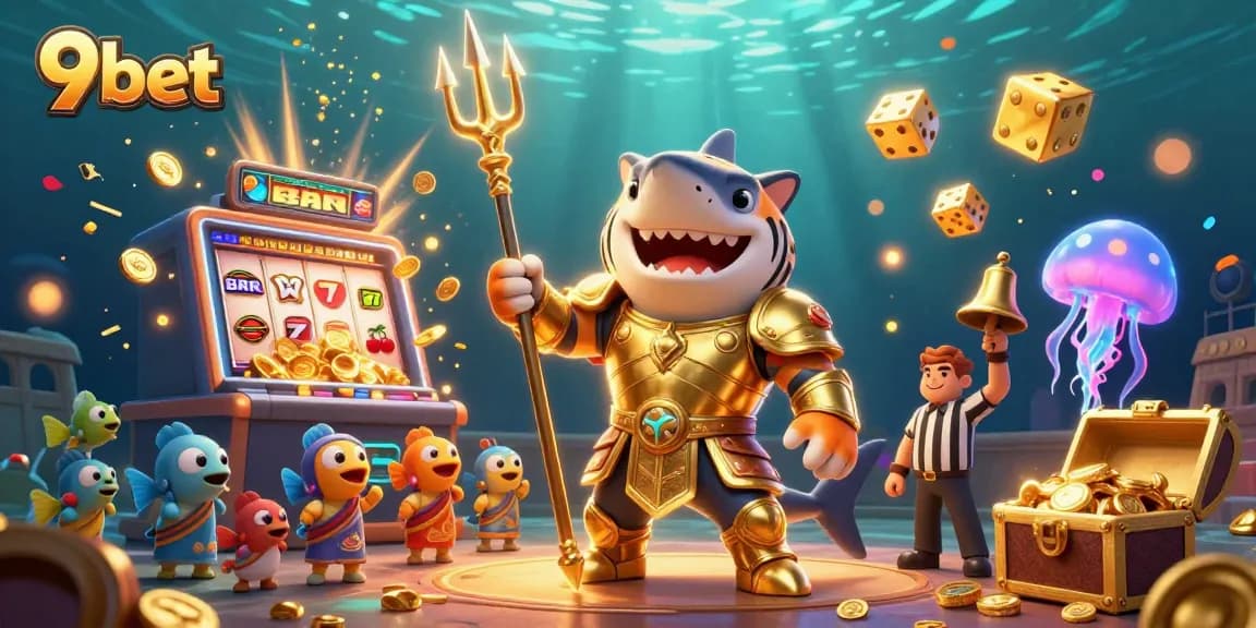 Engage in thrilling gameplay at 9bet featuring a dynamic underwater casino scene with vibrant characters and gaming elements.