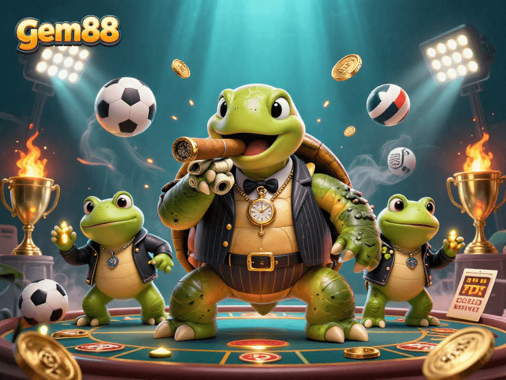 Bet on gem88 with dynamic casino atmosphere featuring a snapping turtle and lively sports elements.