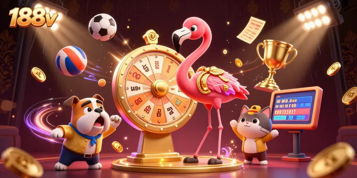 Experience the excitement of 188v's dynamic gaming atmosphere with a colorful casino scene featuring a game show host, bulldog, and prizes.