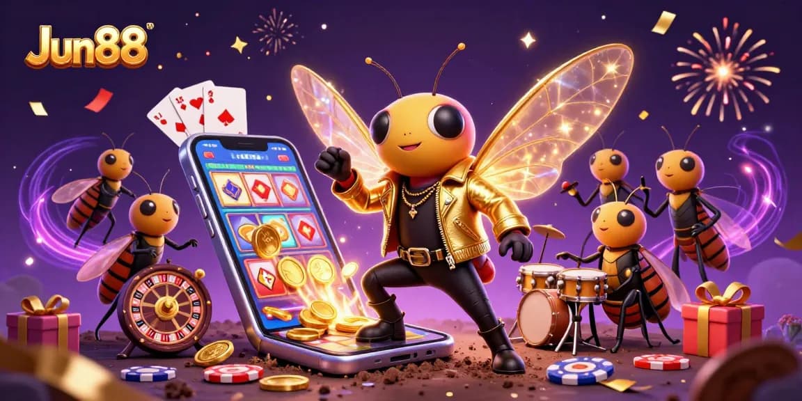 Experience the vibrant excitement of Jun88 with a 3D illustration of a dynamic casino party scene featuring a cicada rock star.