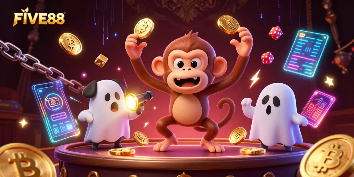 FIVE88 showcases a vibrant casino scene with a mischievous monkey juggling coins and a ghost-hunter puppy tracking him.