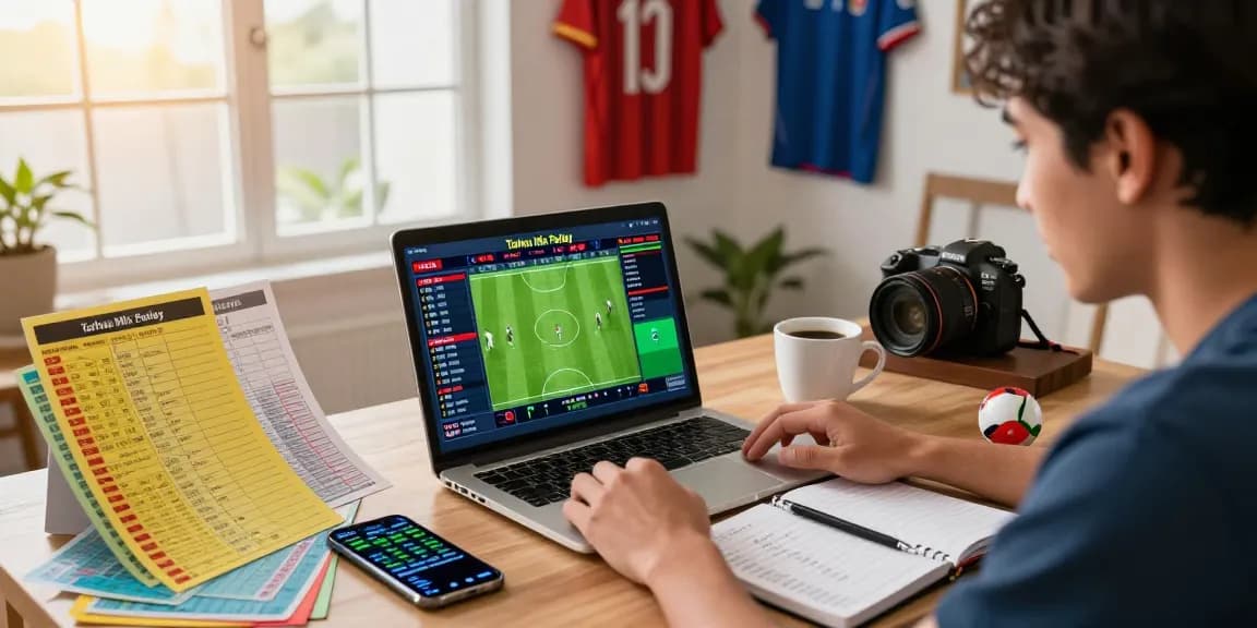 Excited bettor analyzing Taruhan Mix Parlay Bola88, surrounded by betting slips and live odds on laptop.
