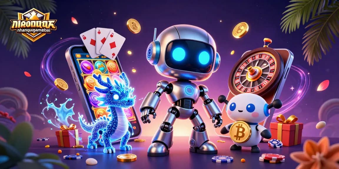 Join the thrilling action at nhanquagamebai with a dynamic 3D casino-themed scene featuring vibrant characters and games.