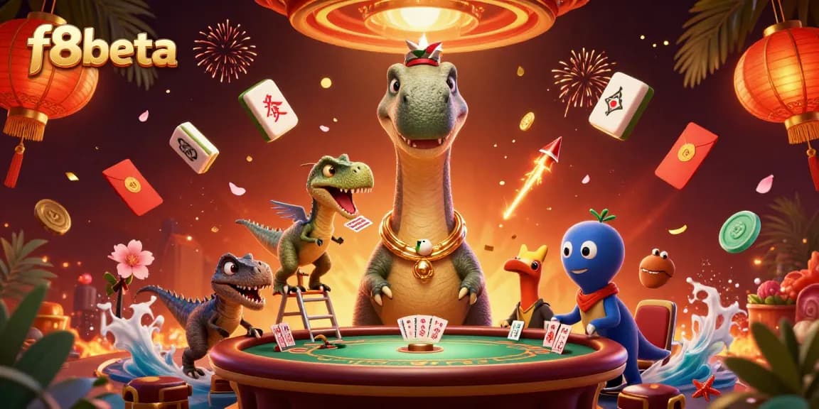 Experience excitement at f8beta with a whimsical illustration of a dinosaur casino scene.