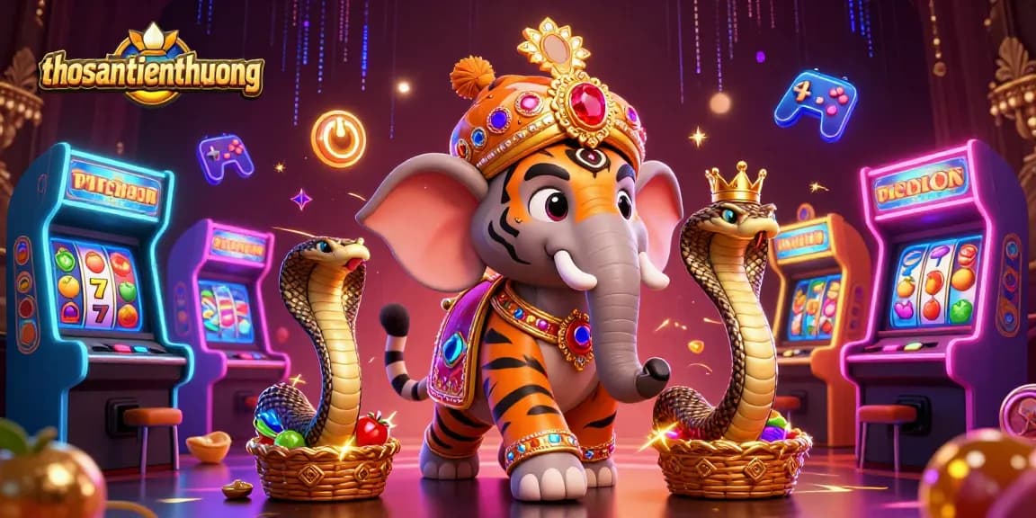 Engage with the action in thosantienthuong, showcasing a tiger rider and vibrant casino elements.
