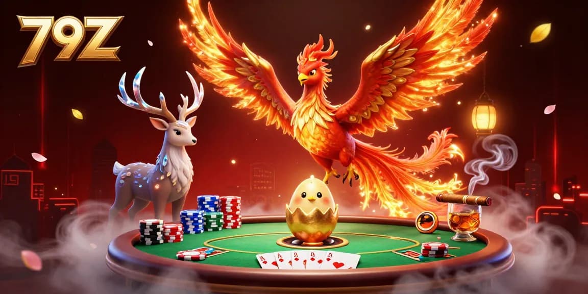 Experience the thrill of gaming with 79Z, featuring a soaring phoenix and vibrant casino elements.