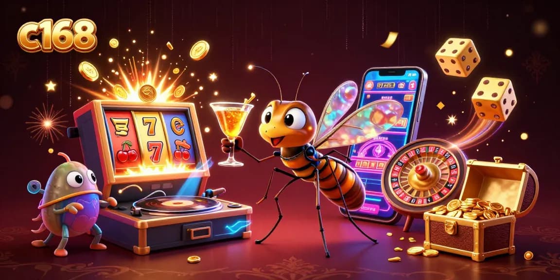 Experience the vibrant energy of c168 as a frozen mosquito mascot holds a golden cocktail amid casino excitement, featuring dynamic game elements.