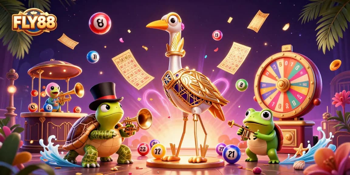 Experience thrilling rewards with FLY88's vibrant game elements in a 3D casino scene.