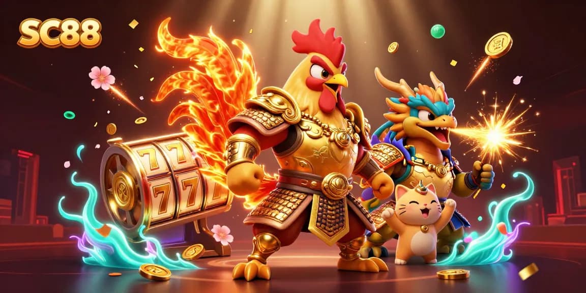 Engage in thrilling gameplay at SC88 with a powerful fighting rooster and a dragon, amidst dynamic slot elements.