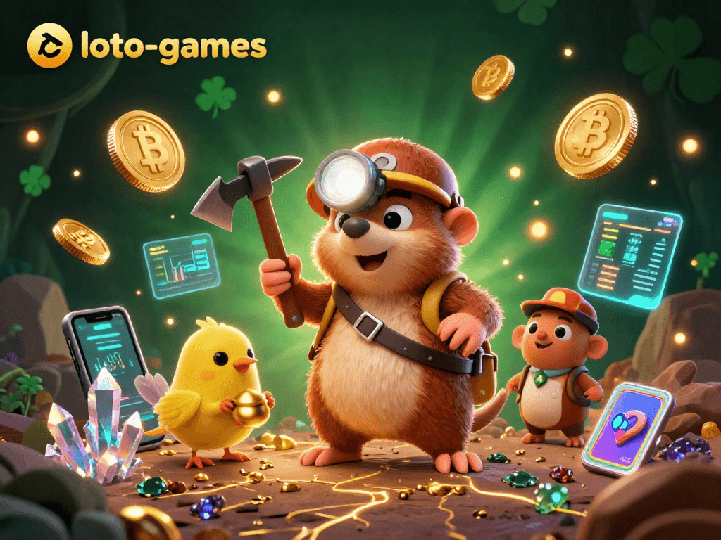Join the excitement of loto-games as a treasure hunter mole explores a vibrant cave filled with gold and crypto.