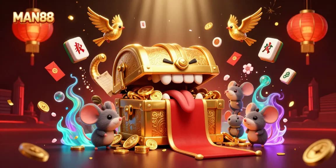 Enticing MAN88 illustration with a treasure chest and symbolic gaming elements enticing players to explore opportunities.