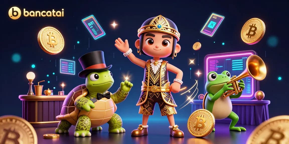 Experience fun and excitement with bancatai's vibrant casino scene featuring unique characters and crypto elements.