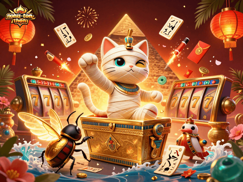 Engage with nohu-toa-thap by spinning slot reels in a vibrant pyramid casino scene.